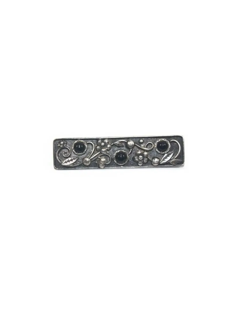 Antique Handmade 835 Silver & Onyx Floral Design Bar Brooch, Handarbeit 835.